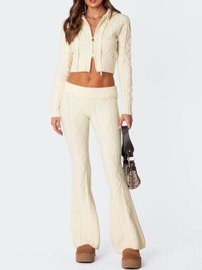 Edikted Ray Cable Knit Cropped Hoodie and Flared Pants Matching Set in Cream